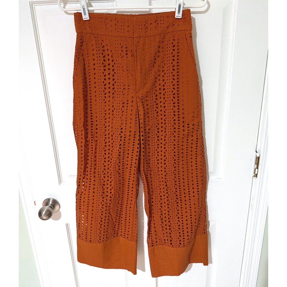Zara‎ Burnt Orange Eyelet Lace High Waisted Wide Leg Culotte Pants Womens XS